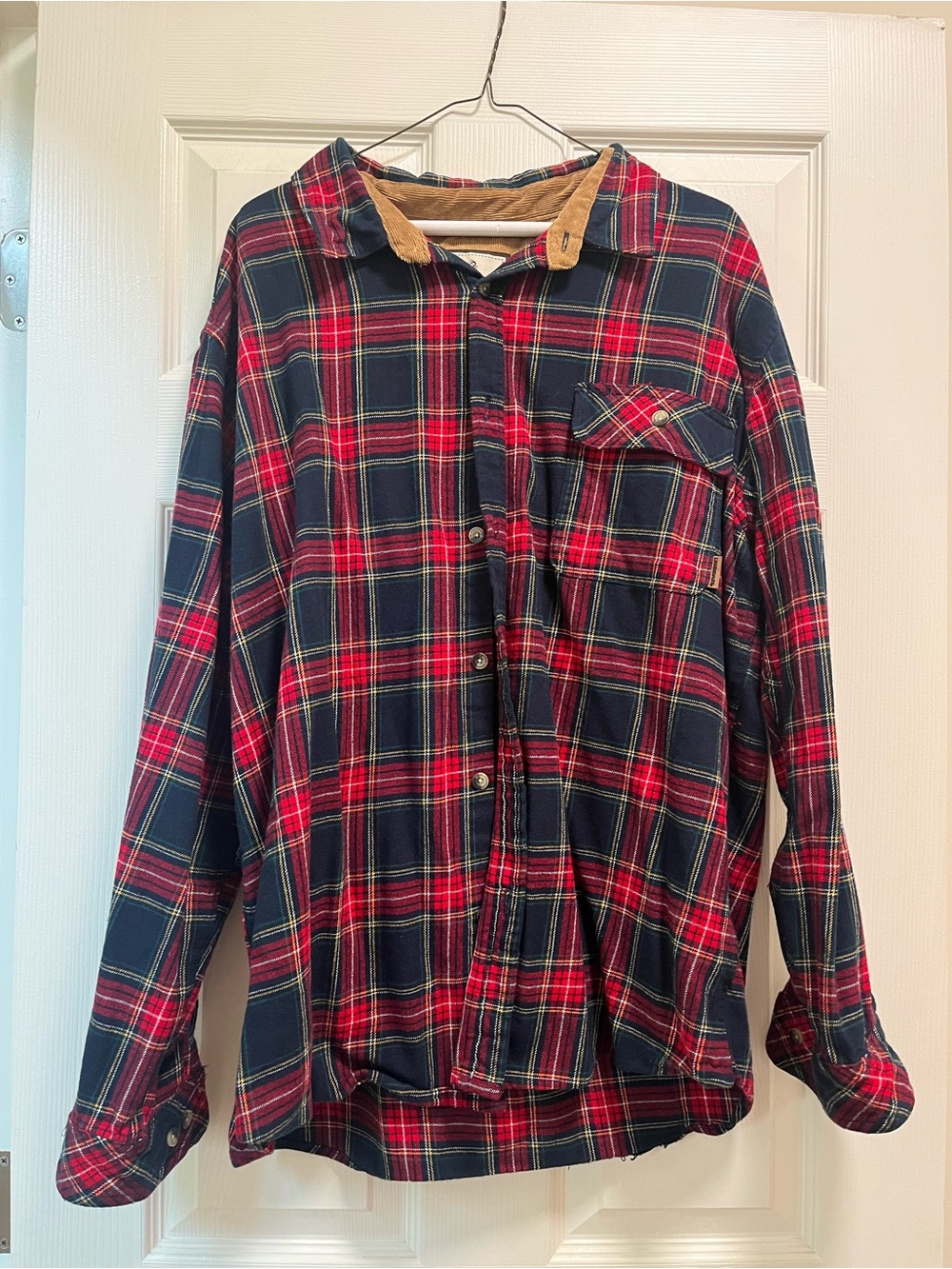 Legendary Whitetails Red and Navy Plaid Button-Down Shirt with Tan Collar